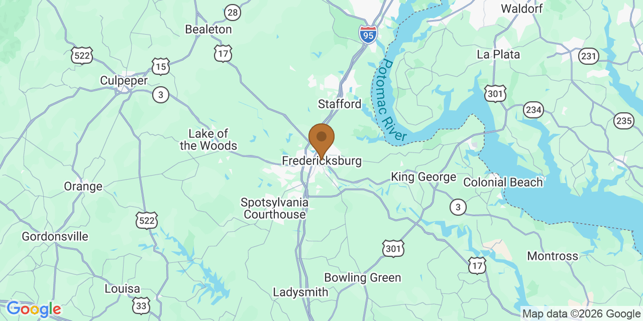 Map of Fredericksburg Region, Virginia showing the roofing service area covered by this page