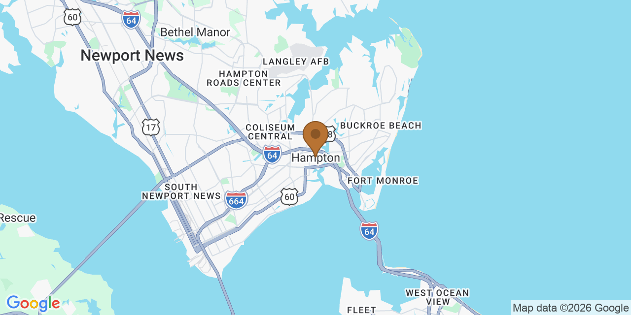Map of Hampton, Virginia showing the roofing service area covered by this page