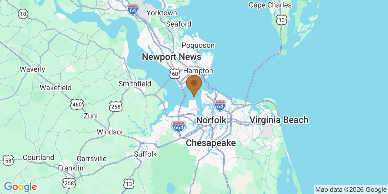 Map of Hampton Roads, Virginia showing the roofing service area covered by this page