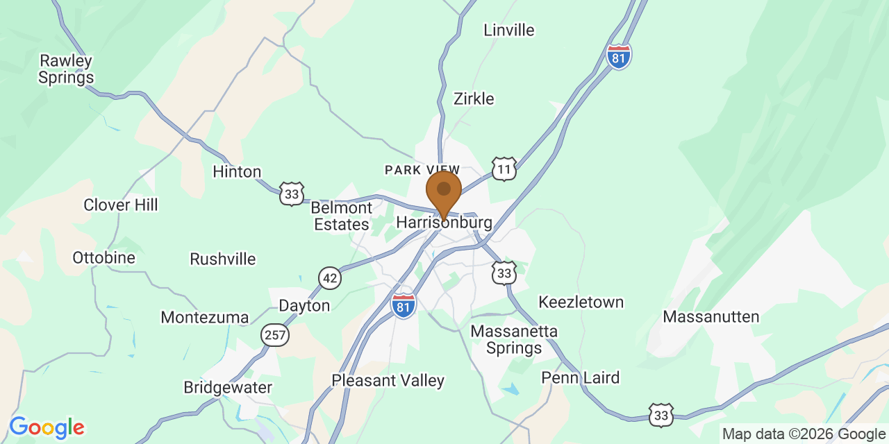 Map of Harrisonburg, Virginia showing the roofing service area covered by this page