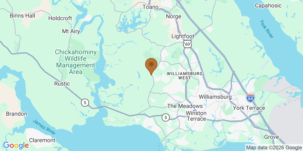 Map of James City County, Virginia showing the roofing service area covered by this page