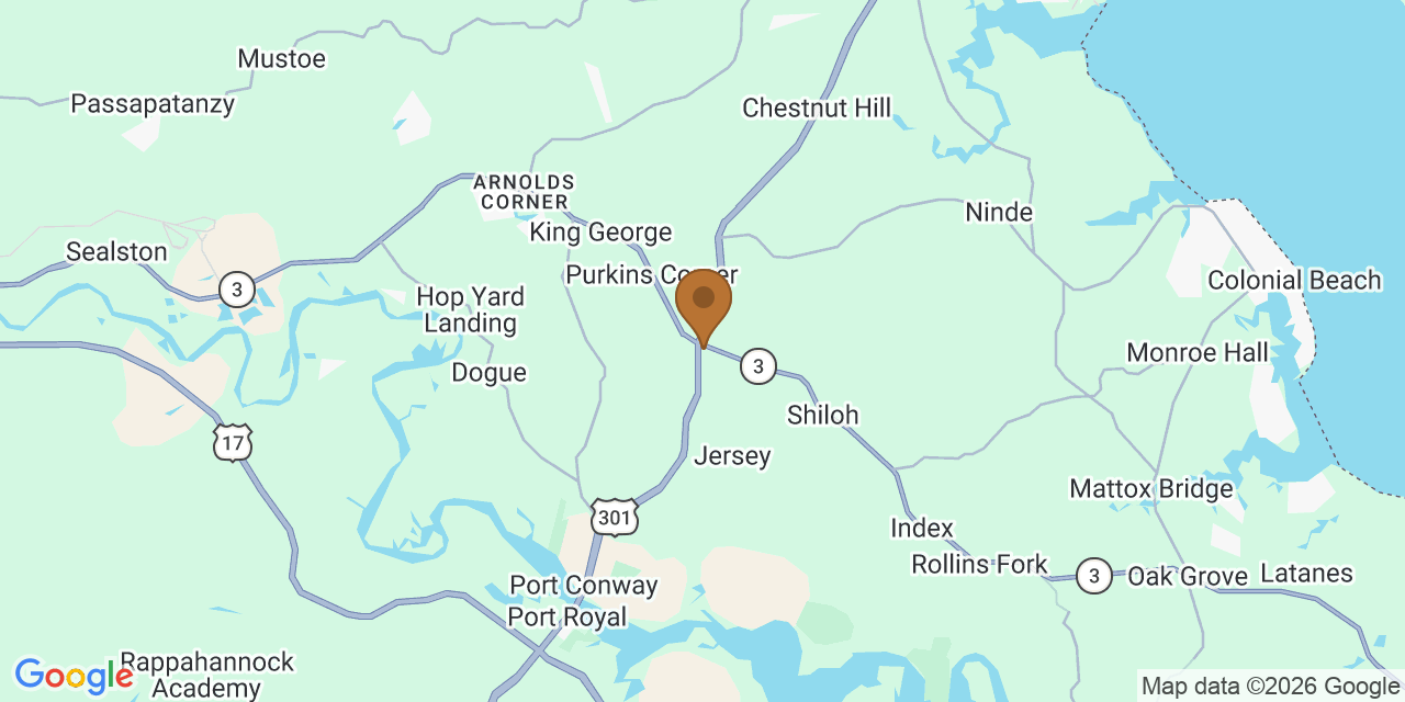 Map of King George County, Virginia showing the roofing service area covered by this page