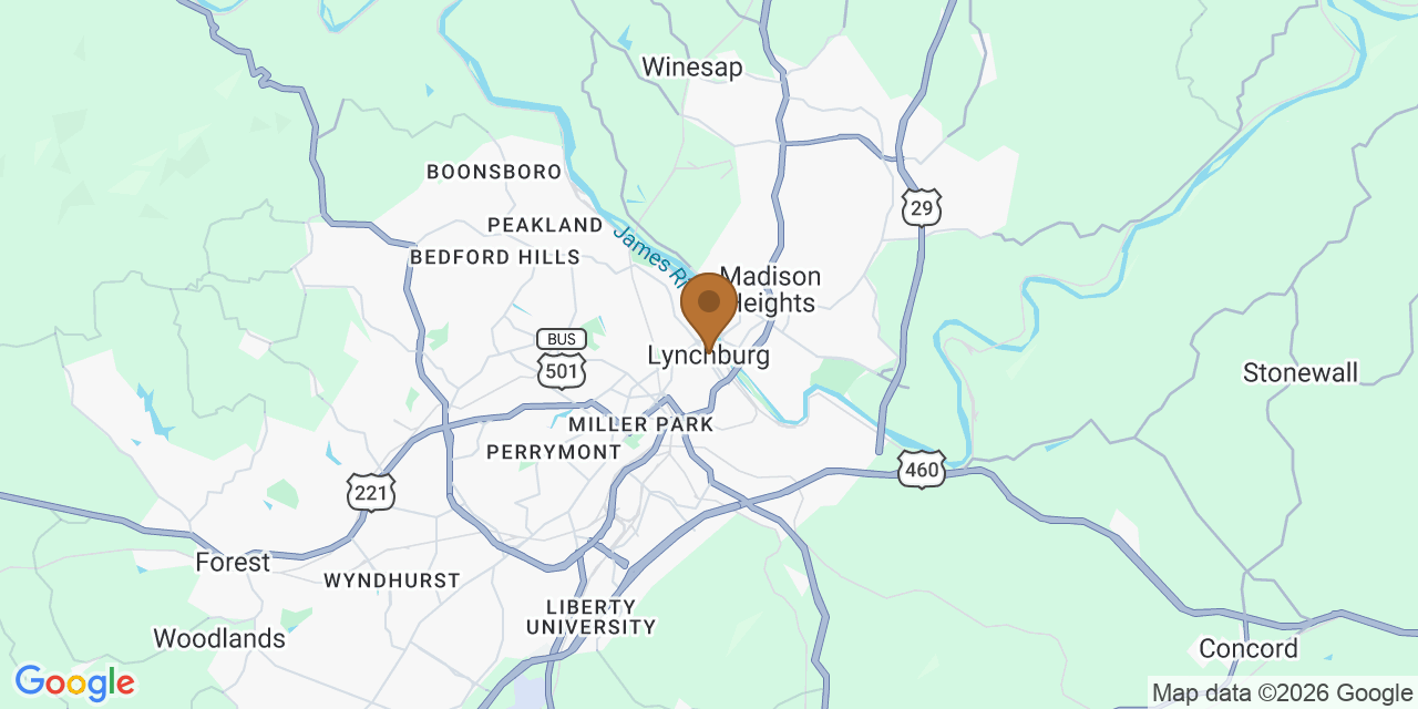 Map of Lynchburg, Virginia showing the roofing service area covered by this page
