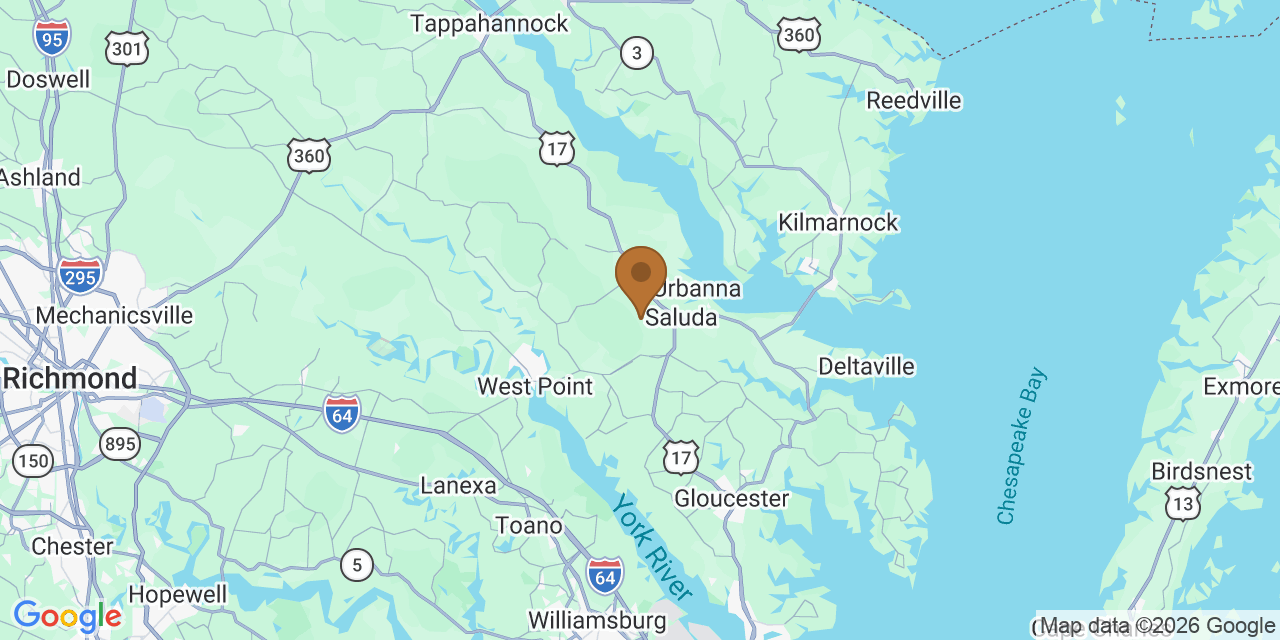 Map of Middle Peninsula, Virginia showing the roofing service area covered by this page