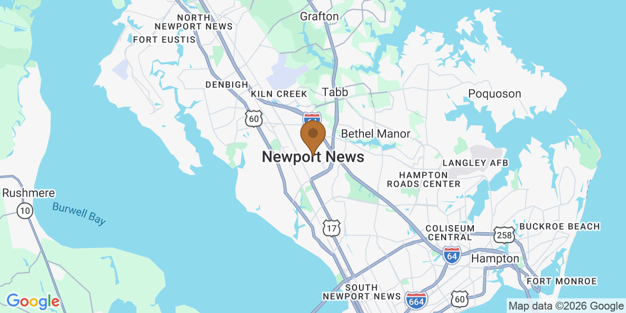 Map of Newport News, Virginia showing the roofing service area covered by this page