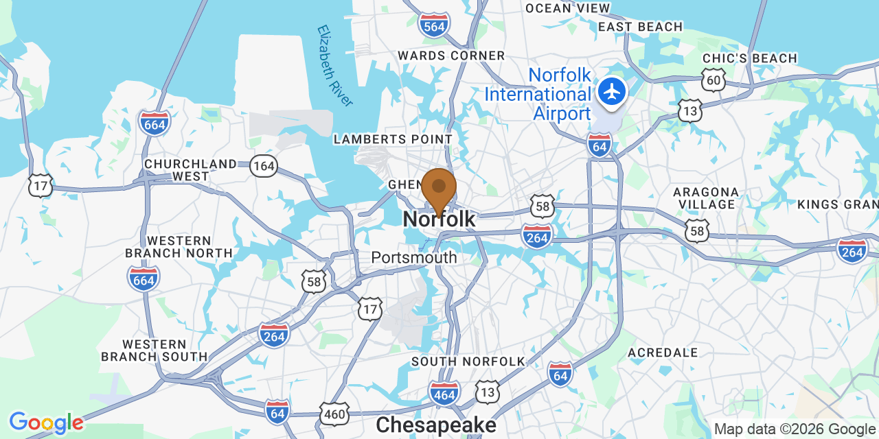 Map of Norfolk, Virginia showing the roofing service area covered by this page