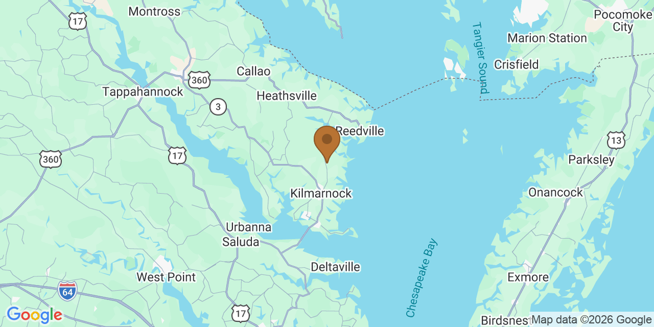 Map of Northern Neck, Virginia showing the roofing service area covered by this page