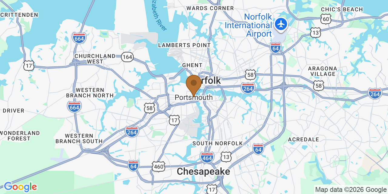 Map of Portsmouth, Virginia showing the roofing service area covered by this page