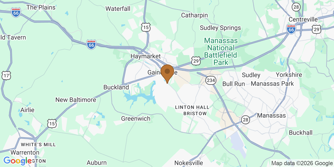 Map of Prince William County, Virginia showing the roofing service area covered by this page