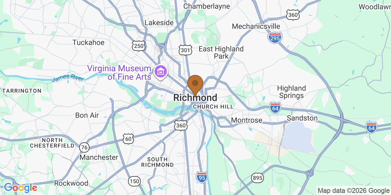 Map of Richmond, Virginia showing the roofing service area covered by this page