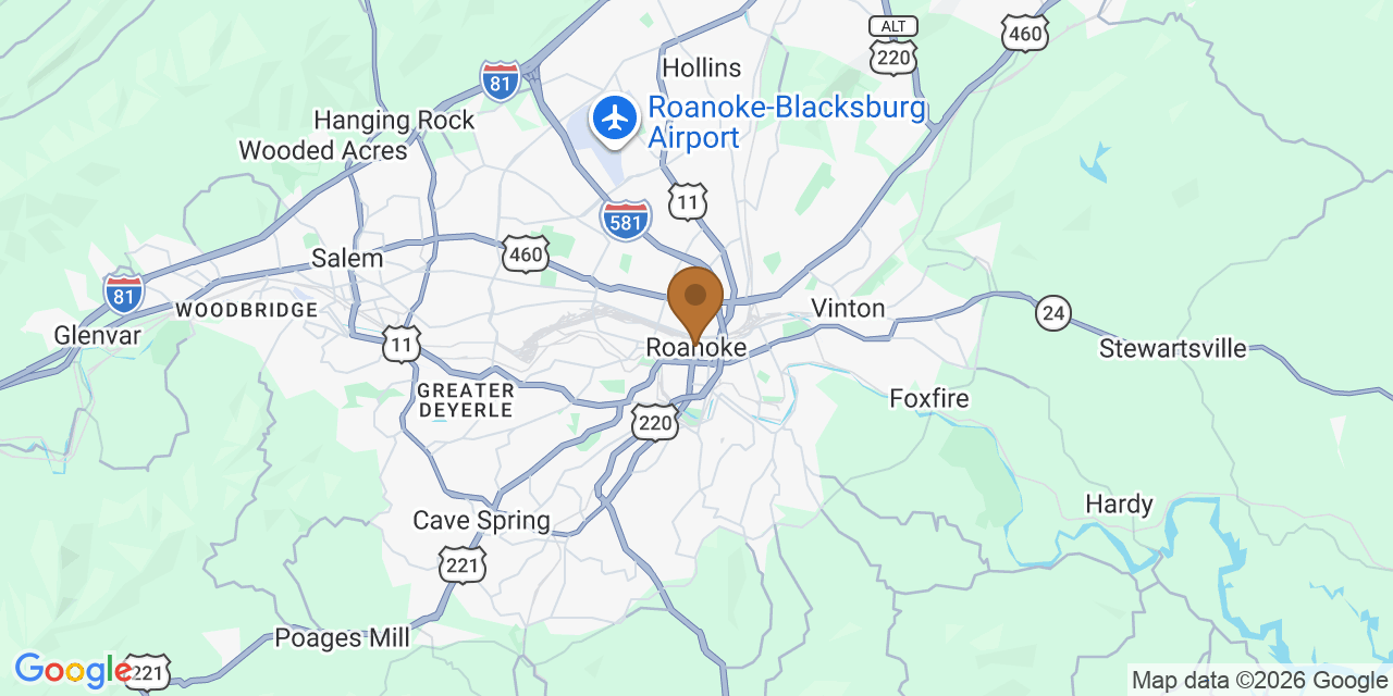 Map of Roanoke, Virginia showing the roofing service area covered by this page
