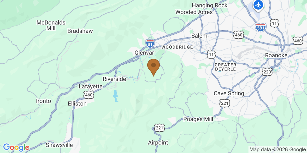 Map of Roanoke County, Virginia showing the roofing service area covered by this page