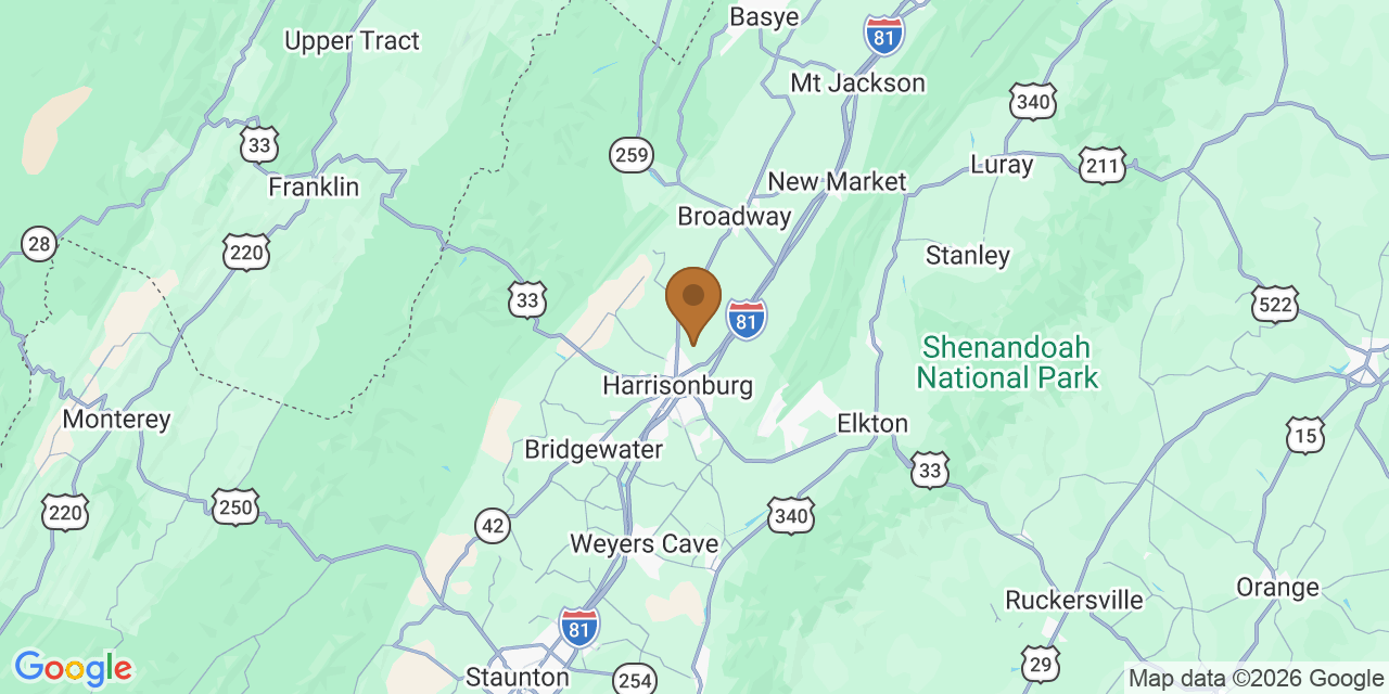 Map of Shenandoah Valley, Virginia showing the roofing service area covered by this page