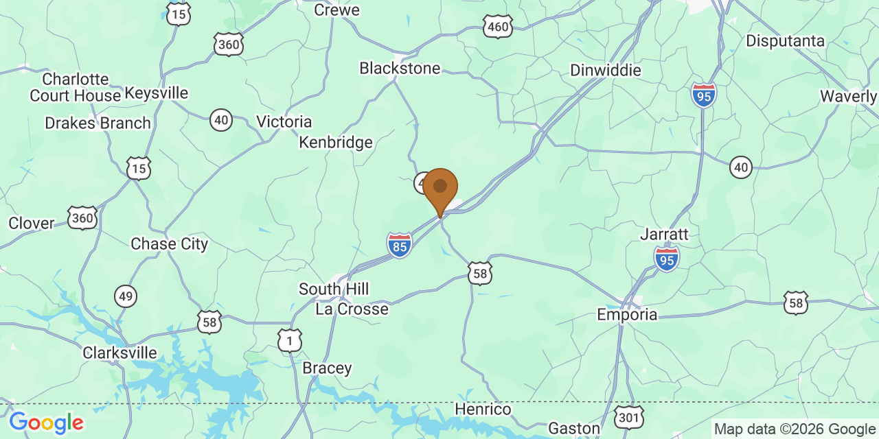Map of Southside Virginia, Virginia showing the roofing service area covered by this page