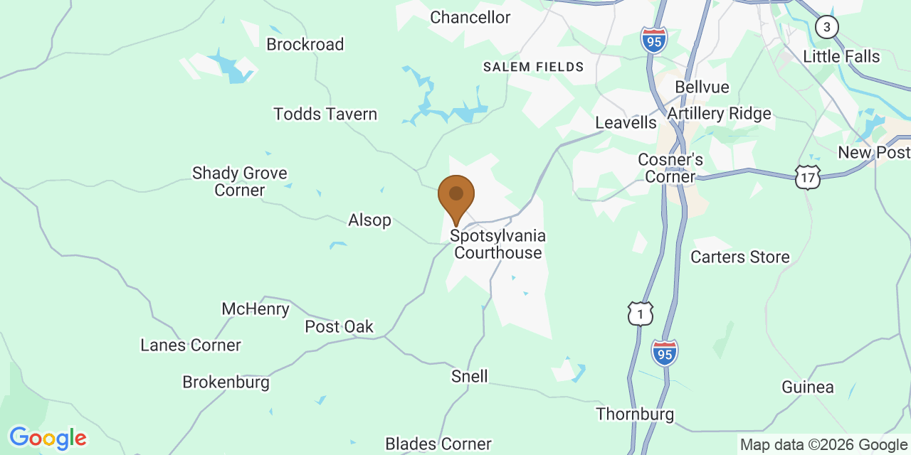 Map of Spotsylvania County, Virginia showing the roofing service area covered by this page