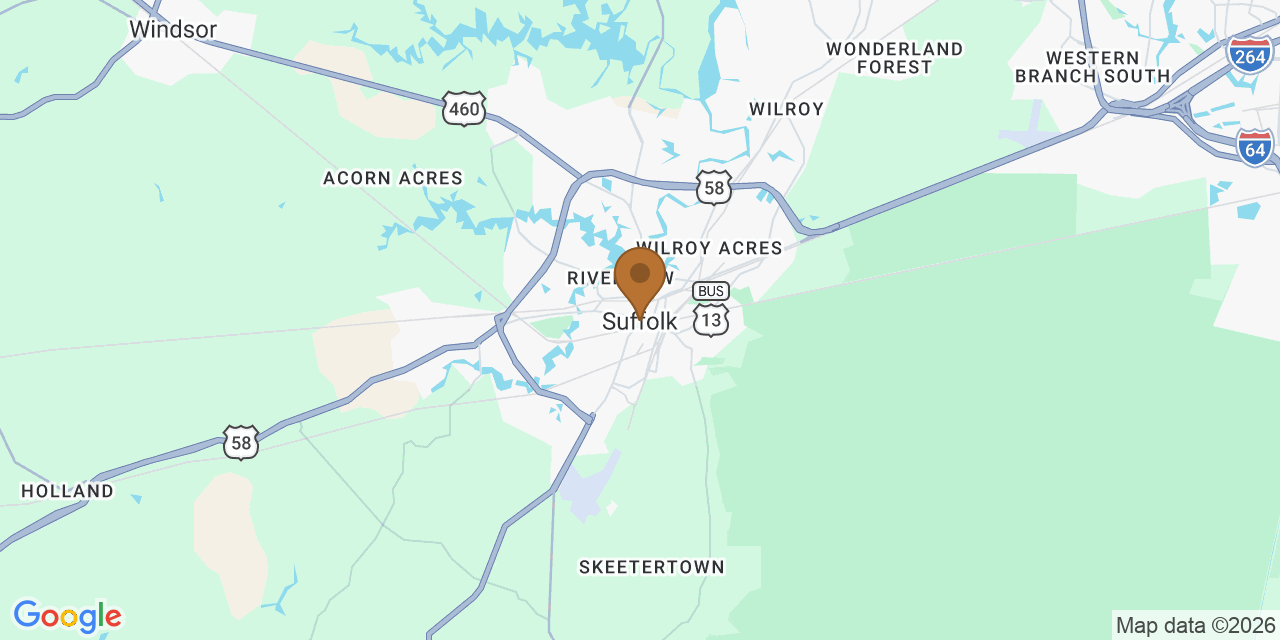 Map of Suffolk, Virginia showing the roofing service area covered by this page