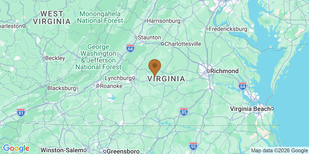 Map of Virginia showing the roofing service area covered by this page