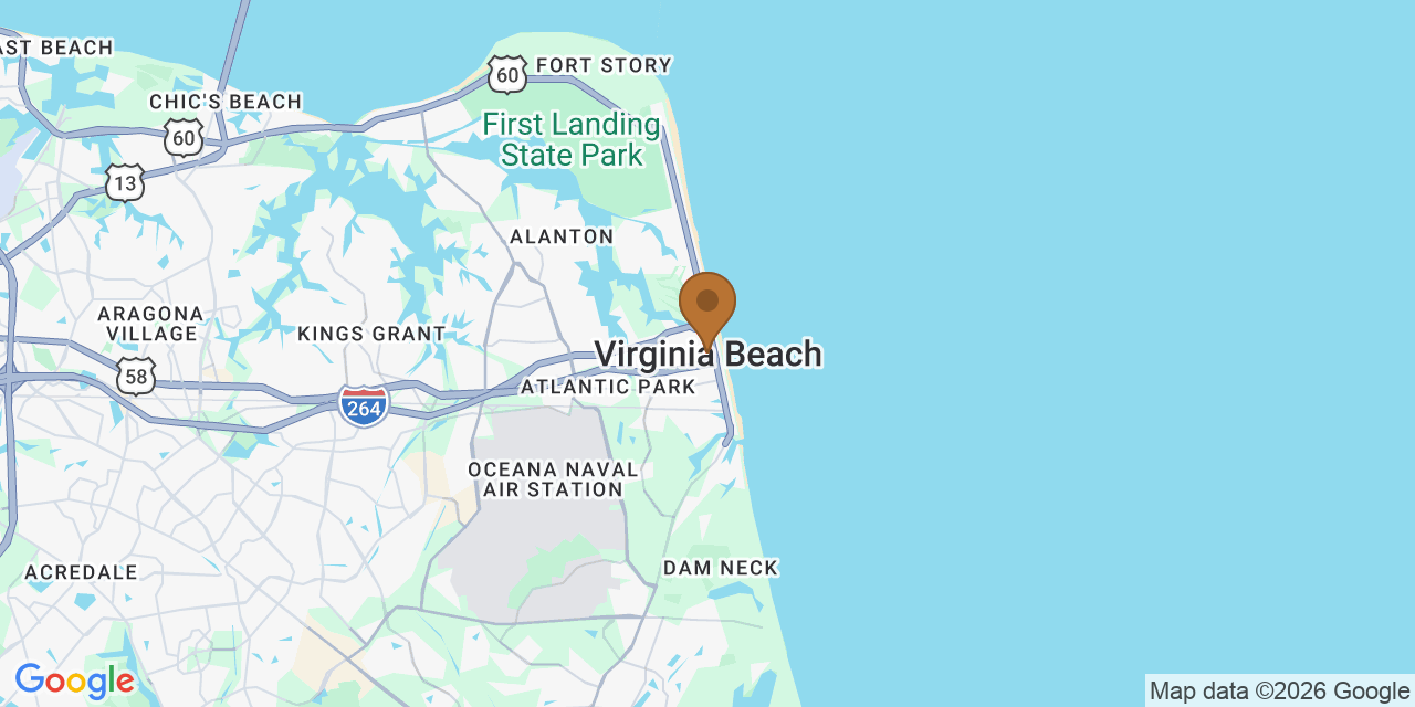 Map of Virginia Beach, Virginia showing the roofing service area covered by this page