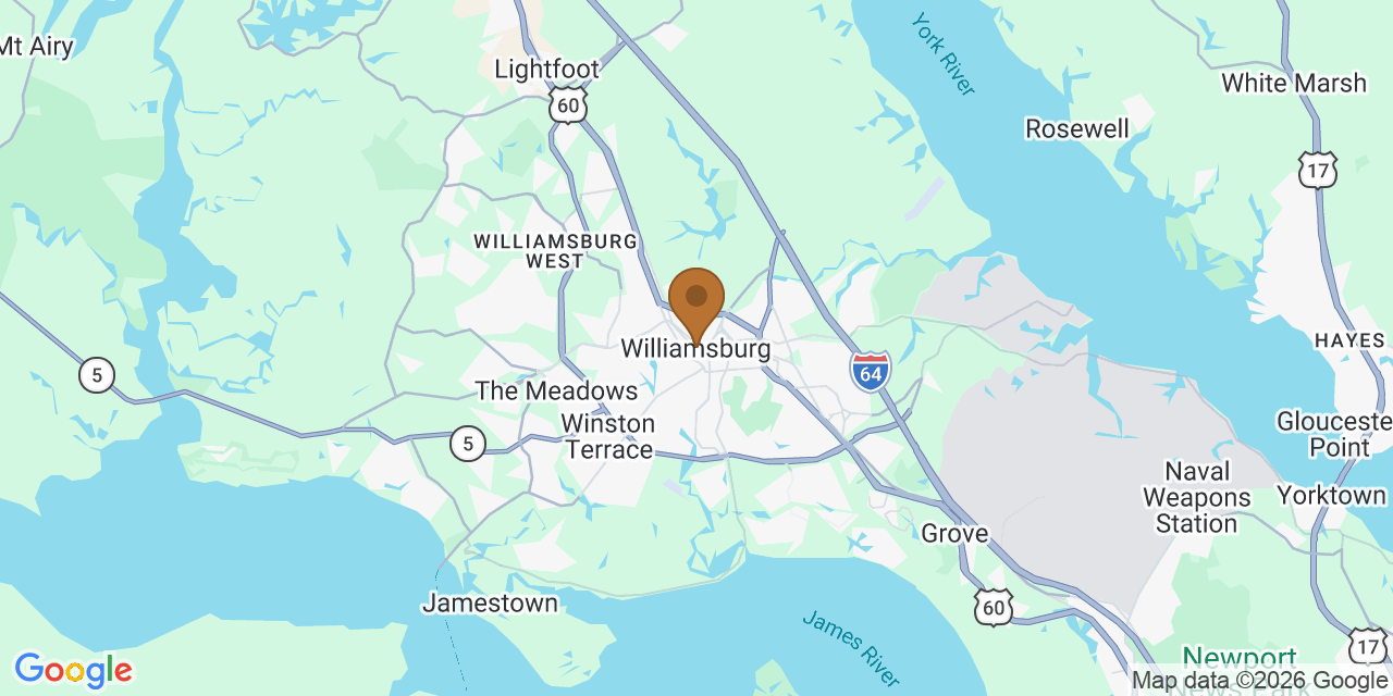 Map of Williamsburg, Virginia showing the roofing service area covered by this page