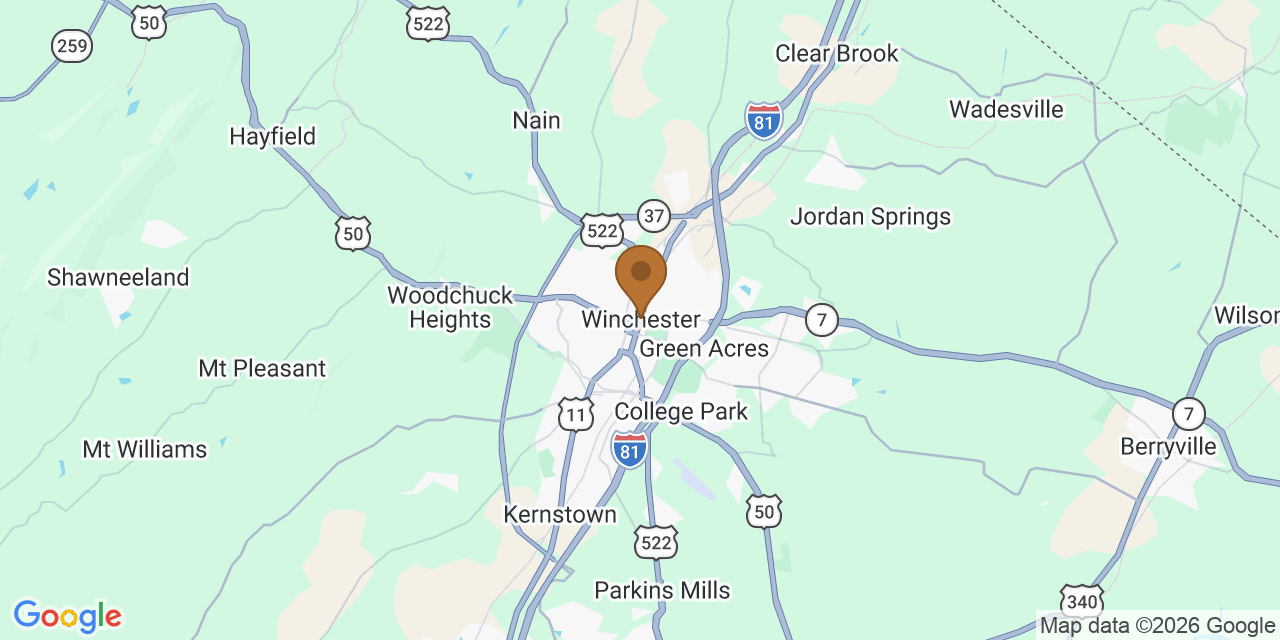 Map of Winchester, Virginia showing the roofing service area covered by this page