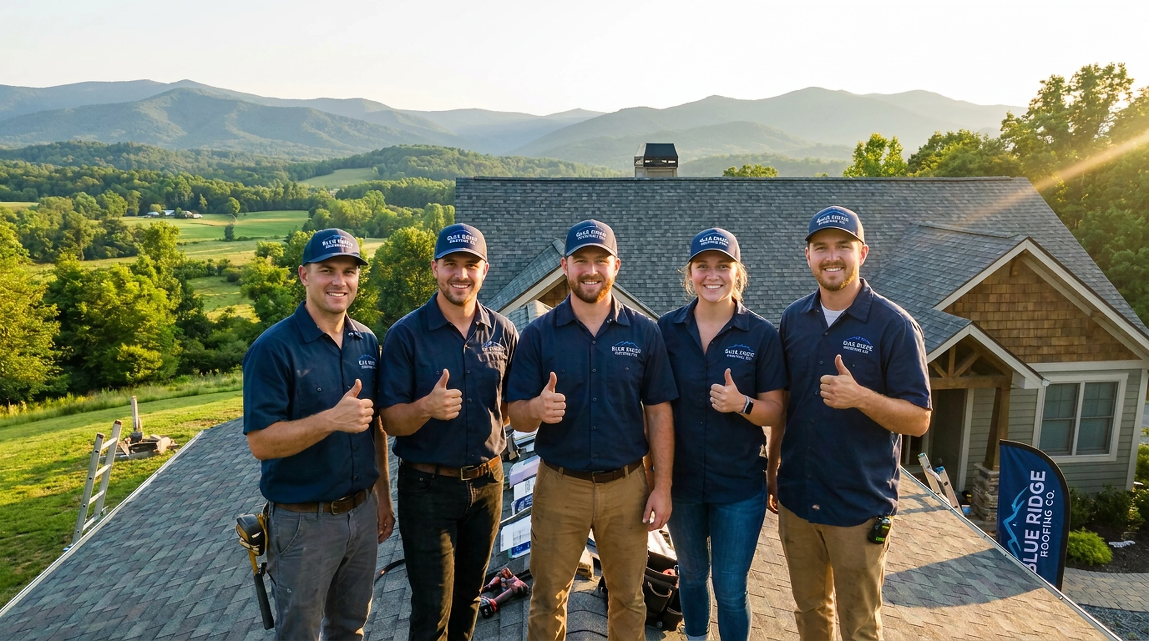 Five roofing contractors standing on a finished roof at sunrise with the Blue Ridge mountains behind them in western Virginia
