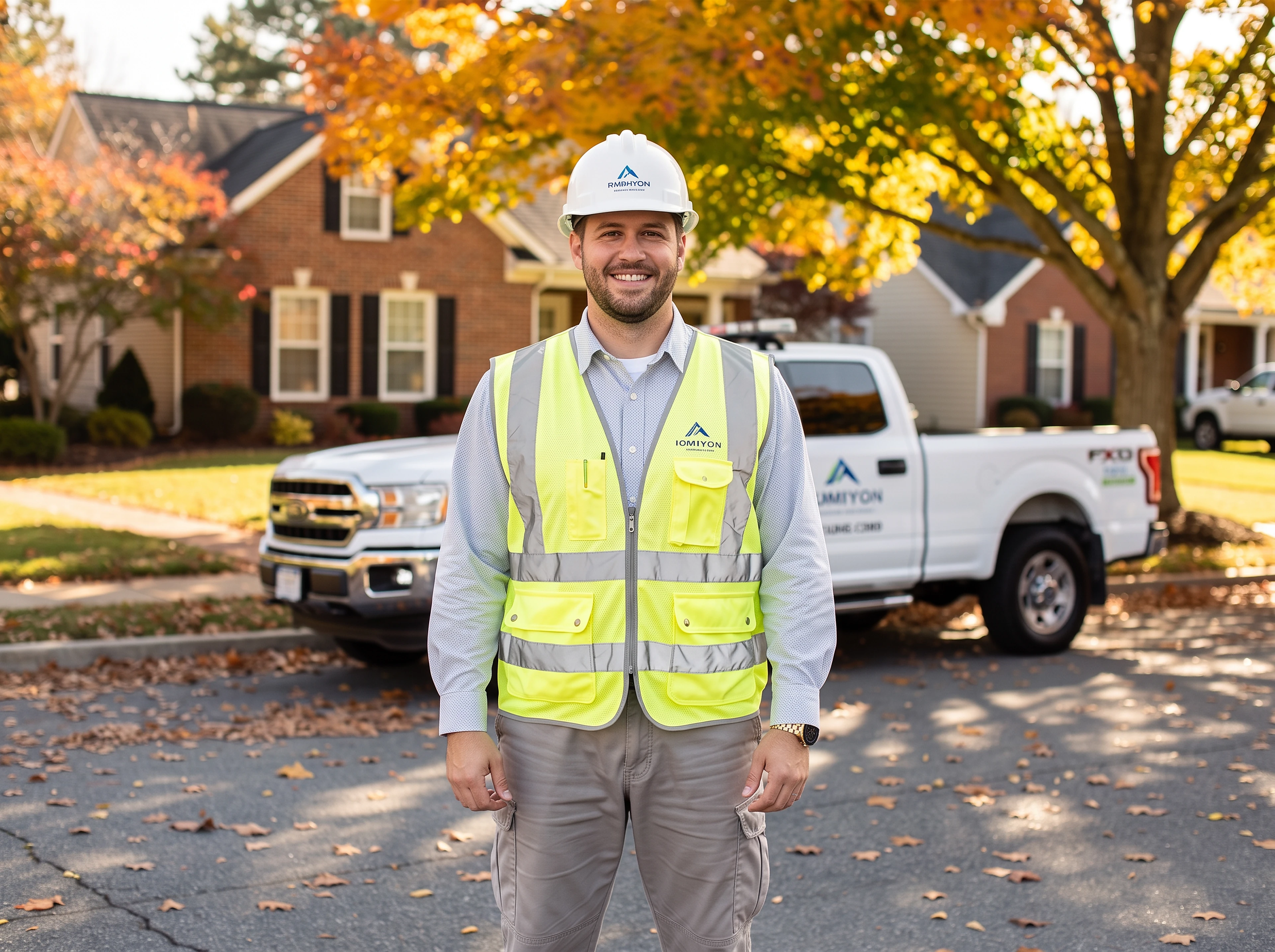Smiling roofing estimator in a white hard hat and yellow safety vest standing beside a white work truck on a residential Virginia street